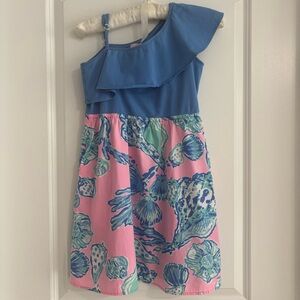 Lilly Pulitzer Blue and Pink One-Shoulder Shell Print Dress - Girls
